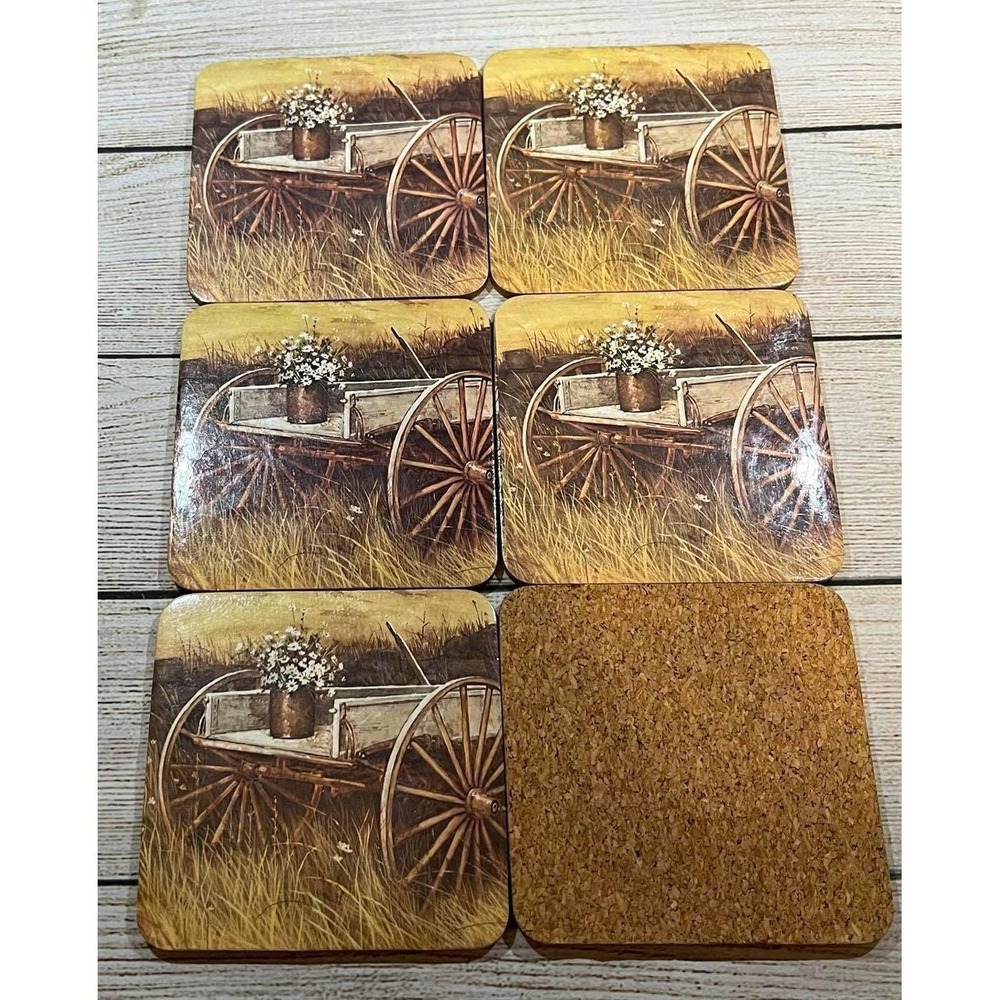 Lot of 6 Pimpernel Coasters Wood Wagon Wheel Flowers Country Farm England TubH2 - Picture 2 of 2